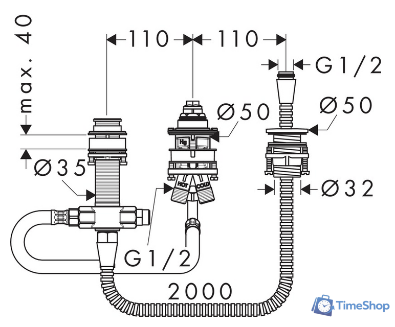 Скрытый механизм Hansgrohe для смесителя на 3 отверстия на край ванны - Изображение №2 — Интернет-магазин Time-Shop
