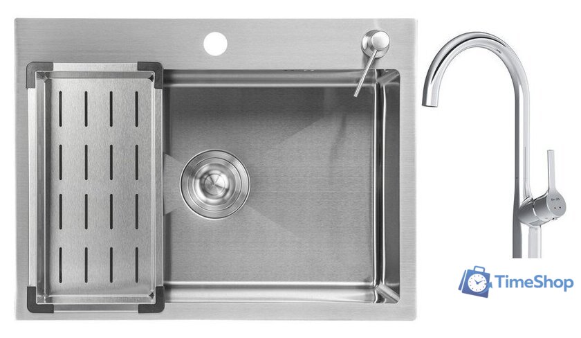 Кухонная мойка Saniteco 6045 + Spike F9S07000 (хром, с сифоном, дозатором и коландером) - Изображение №1 — Интернет-магазин Time-Shop