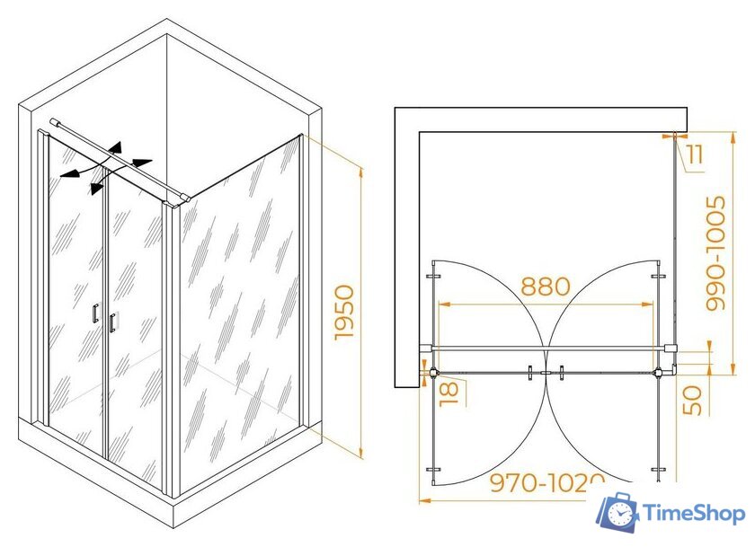 Душевой уголок RGW PA-134 (PA-104+Z-050-2+O-104) 060813400-011 100x100 (хром/прозрачное стекло) - Изображение №2 — Интернет-магазин Time-Shop