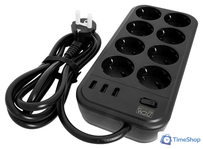 Сетевой фильтр Powercom SP-08 USB03AB (3 м, 8 розеток, черный) - Изображение №2 — Интернет-магазин Time-Shop