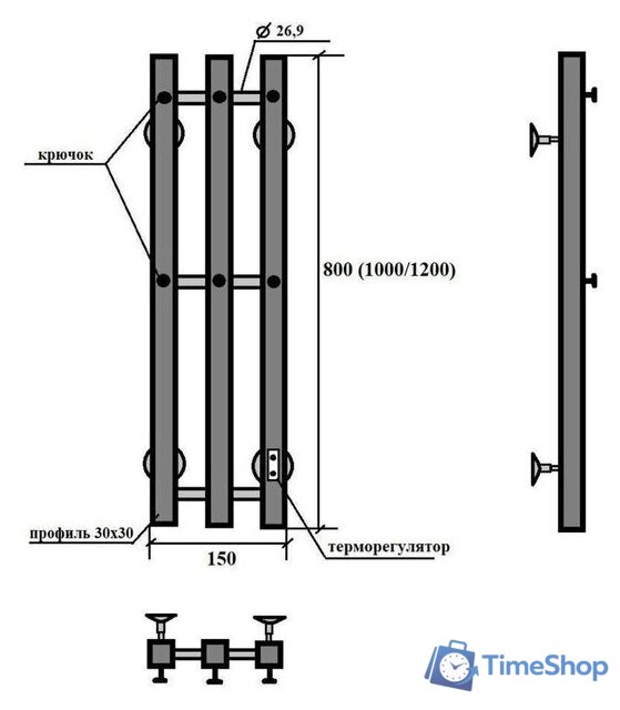 Полотенцесушитель Granula Квадро Вертикаль 15х150 (терморегулятор с таймером, черный) - Изображение №4 — Интернет-магазин Time-Shop