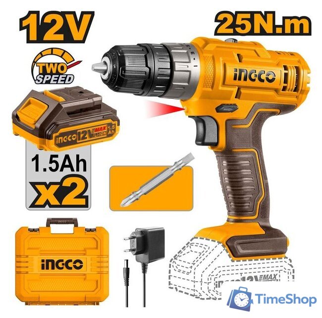 Дрель-шуруповерт Ingco CDLI1228 (с 2-мя АКБ, кейс) - Изображение №1 — Интернет-магазин Time-Shop