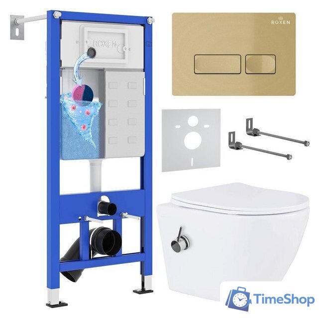 Унитаз подвесной Roxen Antares Bidet в комплекте с инсталляцией StounFix Dual Fresh 6 в 1 968099 (кнопка: брашированное золото) - Изображение №1 — Интернет-магазин Time-Shop