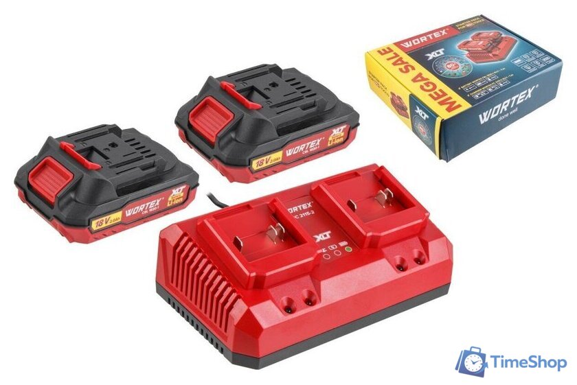 Аккумулятор с зарядным устройством Wortex 2329018 (18В/2 x 2 Ah + 18В) - Изображение №1 — Интернет-магазин Time-Shop