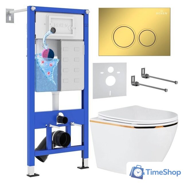 Унитаз подвесной Roxen Antares Gold в комплекте с инсталляцией StounFix Dual Fresh 6 в 1 968092 (кнопка: золото глянцевое ) - Изображение №1 — Интернет-магазин Time-Shop