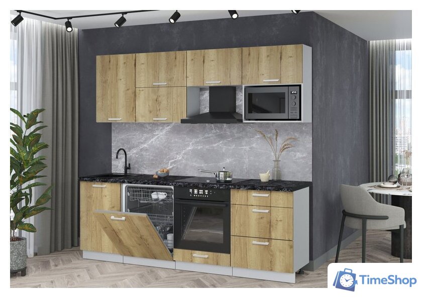 Готовая кухня Интерлиния Мила Лайт 2.3-ПМ2 (дуб золотой/дуб золотой/кастилло темный) - Изображение №3 — Интернет-магазин Time-Shop