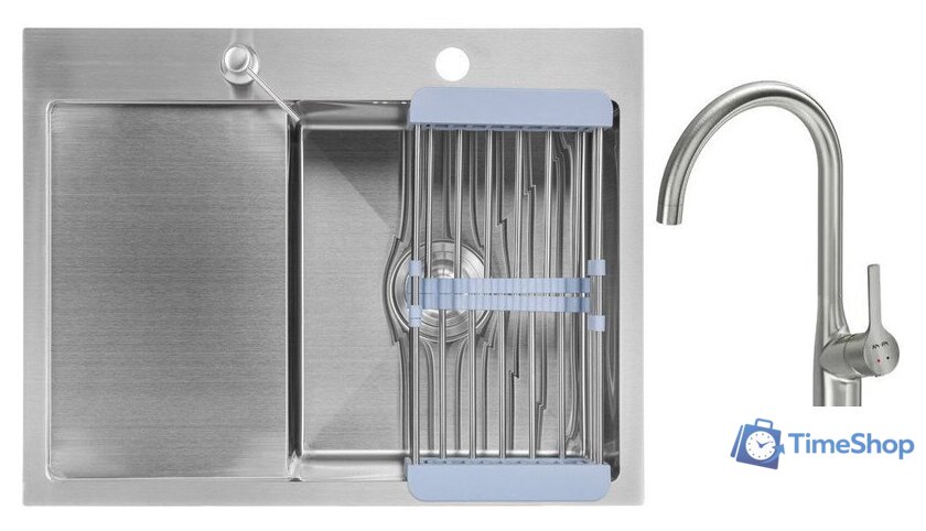 Кухонная мойка Saniteco 6550-R + Spike F9S07011 (сатин, с сифоном, дозатором и коландером) - Изображение №1 — Интернет-магазин Time-Shop
