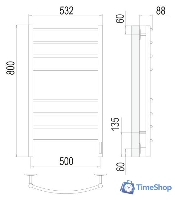 Полотенцесушитель TERMINUS Классик П8 500x800 КС 9003 бп электро (белый) - Изображение №3 — Интернет-магазин Time-Shop