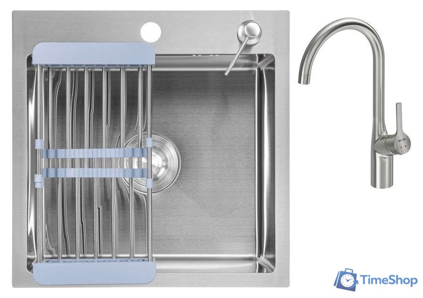 Кухонная мойка Saniteco 4848 + Spike F9S07011 (сатин, с сифоном, дозатором и коландером) - Изображение №1 — Интернет-магазин Time-Shop