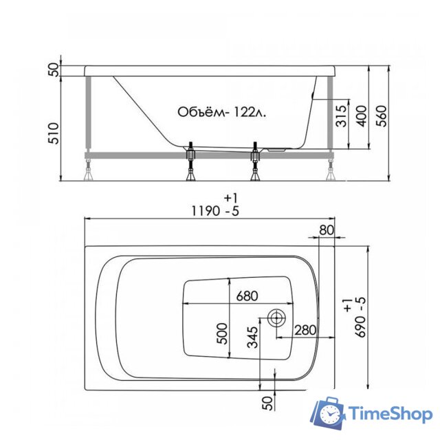 Ванна 1AcReal Gamma 120x70 (с ножками и экраном) - Изображение №2 — Интернет-магазин Time-Shop