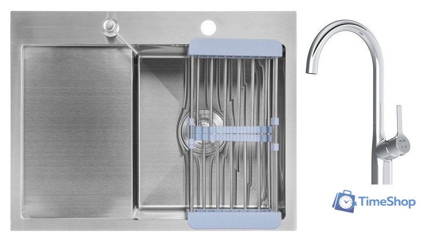 Кухонная мойка Saniteco 6550-R + Spike F9S07000 (хром, с сифоном, дозатором и коландером) - Изображение №1 — Интернет-магазин Time-Shop