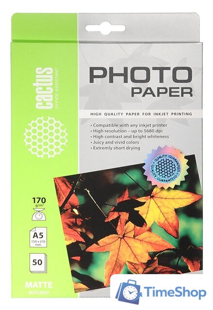 Фотобумага CACTUS Матовая A5 170 г/кв.м. 50 листов(CS-MA517050) - Изображение №1 — Интернет-магазин Time-Shop
