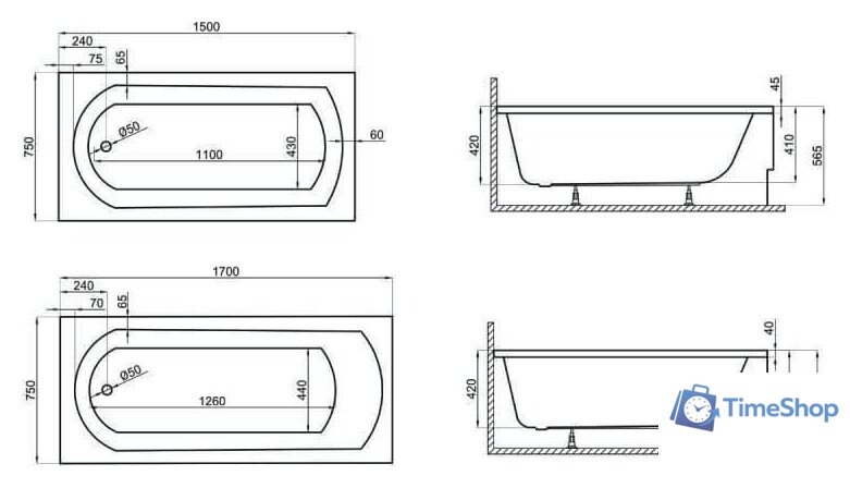Ванна Polimat Classic 150x75 (c ножками) - Изображение №3 — Интернет-магазин Time-Shop