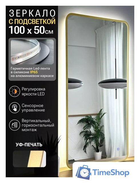 Зеркало с подсветкой  EMZE Smartphone 50x100 LED.UV.SMART.50.100.AUR (золото с УФ-окантовкой и подсветкой) - Изображение №2 — Интернет-магазин Time-Shop