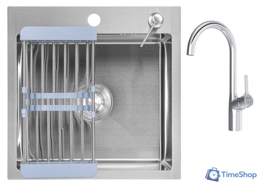 Кухонная мойка Saniteco 4848 + Spike F9S07000 (хром, с сифоном, дозатором и коландером) - Изображение №1 — Интернет-магазин Time-Shop