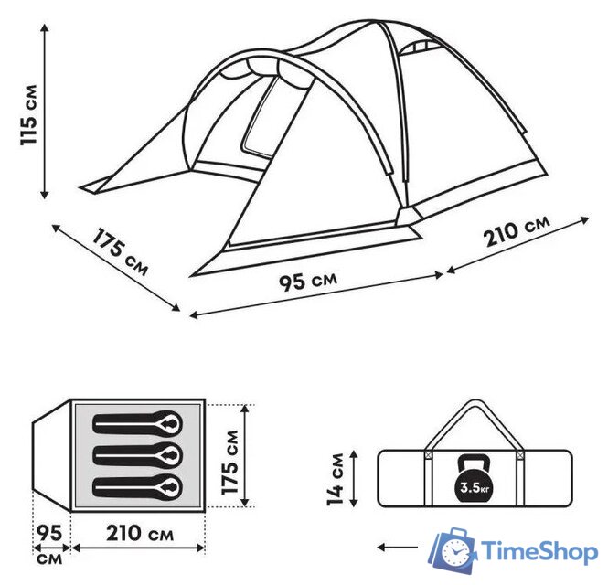Треккинговая палатка RSP Outdoors Krewl 3 T-KRE-3-GN - Изображение №15 — Интернет-магазин Time-Shop