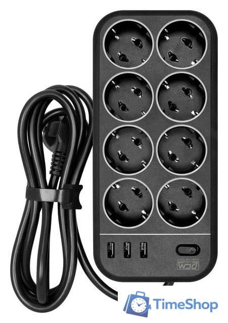 Сетевой фильтр Powercom SP-08 USB03AB (1.8 м, 8 розеток, черный) - Изображение №1 — Интернет-магазин Time-Shop
