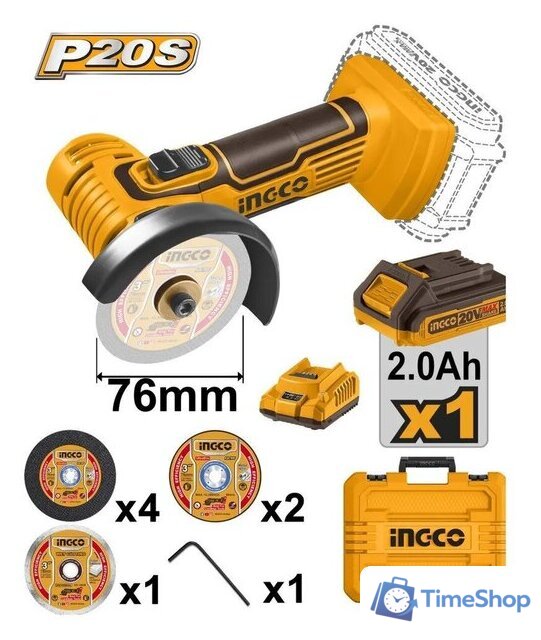 Угловая шлифмашина Ingco CAGLI76012 (с 1-им АКБ, кейс) - Изображение №1 — Интернет-магазин Time-Shop
