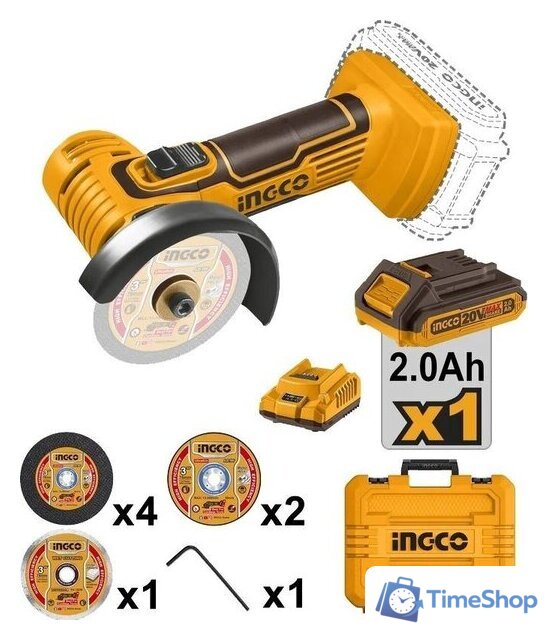 Угловая шлифмашина Ingco CAGLI76012 (с 1-им АКБ, кейс) - Изображение №2 — Интернет-магазин Time-Shop