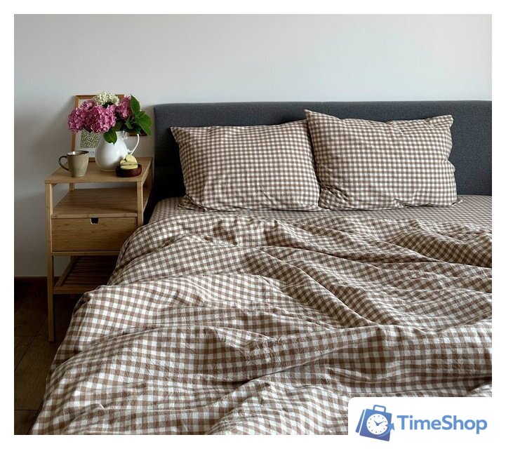 Евро комплект постельного белья Царство сновидений Вареный хлопок Бежевая клетка 150-0145 (евро с прост. на рез. 180х200,нав. 70x70) - Изображение №1 — Интернет-магазин Time-Shop