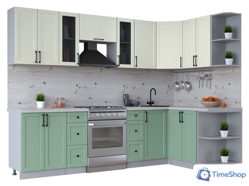 Готовая кухня Интерлиния Тренд 1.5x2.8 правая (мята/белый/бискайская сосна) - Изображение №1 — Интернет-магазин Time-Shop