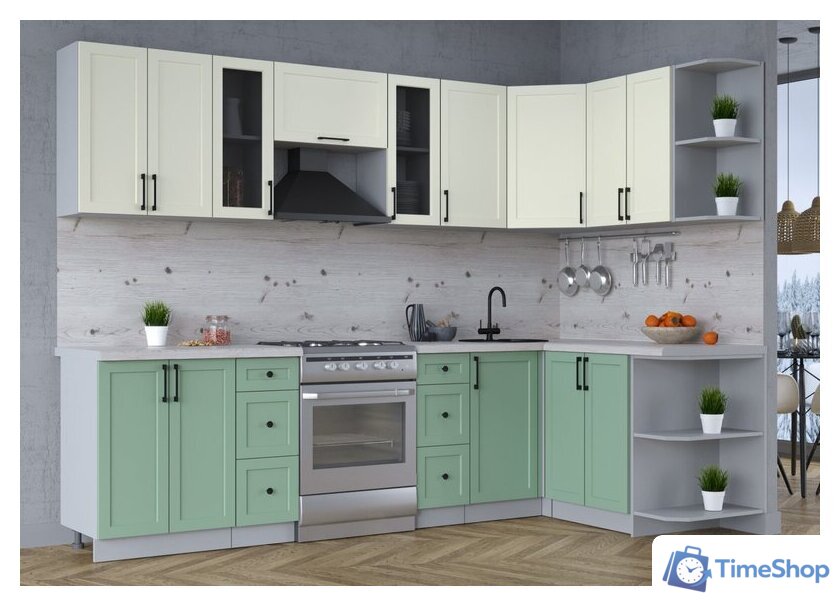 Готовая кухня Интерлиния Тренд 1.5x2.8 правая (мята/белый/бискайская сосна) - Изображение №2 — Интернет-магазин Time-Shop