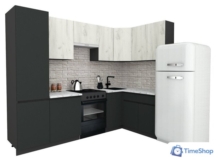 Готовая кухня ВерсоМебель Эко-7 1.4x2.6 правая (дуб крафт белый/антрацит/ст.мрамор итальянский) - Изображение №1 — Интернет-магазин Time-Shop