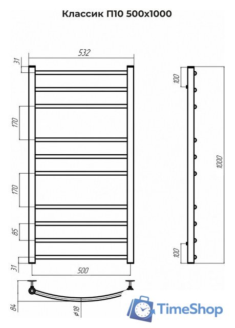 Полотенцесушитель TERMINUS Классик П10 500x1000 (сатин) - Изображение №2 — Интернет-магазин Time-Shop