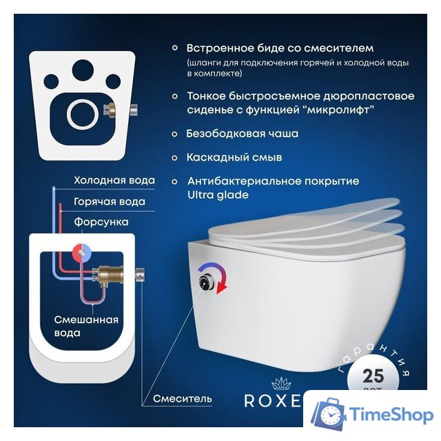 Унитаз подвесной Roxen Cube Bidet 530135-01X Rimless Soft Close с функцией биде - Изображение №11 — Интернет-магазин Time-Shop