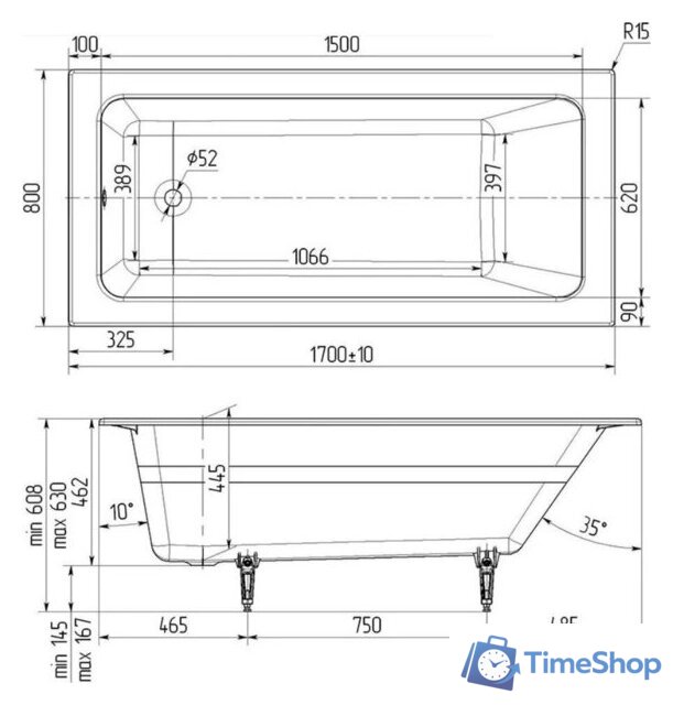 Ванна Wotte Line 170х80 БП-э00д1473 - Изображение №4 — Интернет-магазин Time-Shop