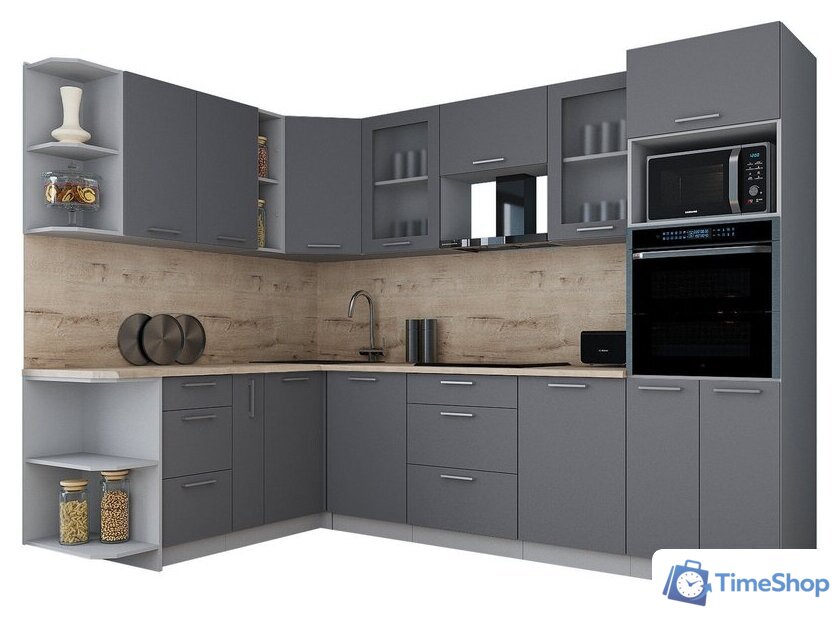 Готовая кухня Интерлиния Мила Gloss 1.88x2.8 левая (серый софт/серый софт/травертин серый) - Изображение №1 — Интернет-магазин Time-Shop