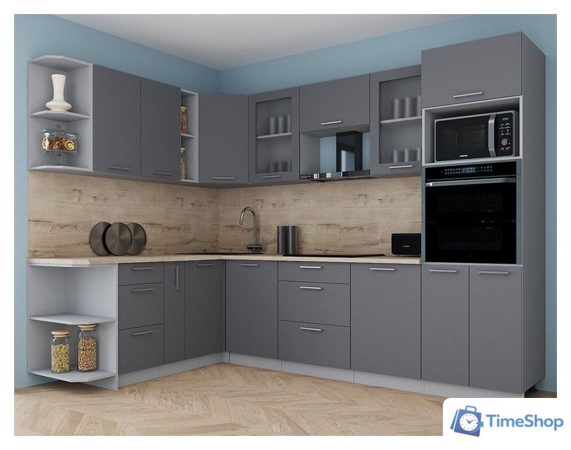 Готовая кухня Интерлиния Мила Gloss 1.88x2.8 левая (серый софт/серый софт/травертин серый) - Изображение №3 — Интернет-магазин Time-Shop