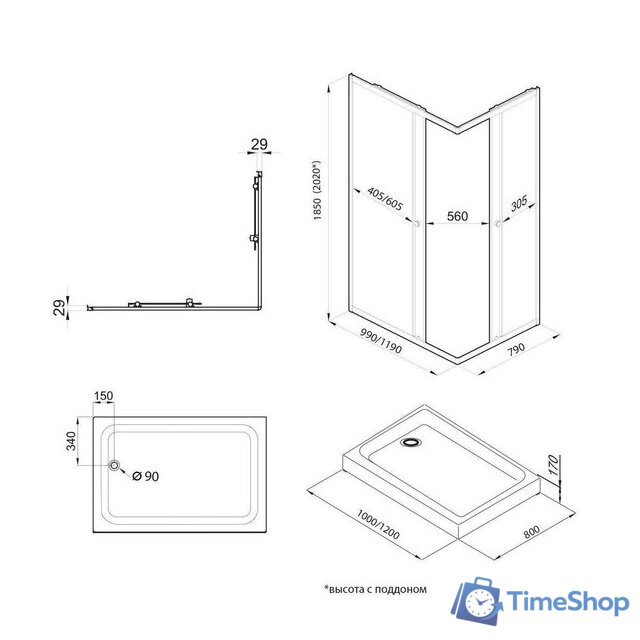 Душевой уголок Triton Вента Блэк А1 120х80 без поддона (прозрачное стекло) - Изображение №2 — Интернет-магазин Time-Shop