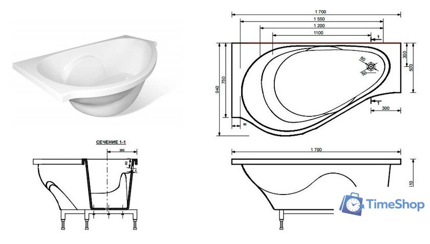 Ванна Эстет Грация 170x94 (левая) [2-0006] - Изображение №7 — Интернет-магазин Time-Shop