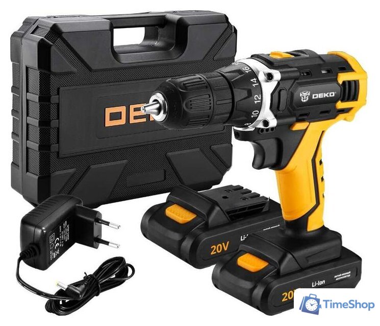 Дрель-шуруповерт Deko DKCD20FU-Li SET 3 063-4172 (с 2-мя АКБ, кейс, набор оснастки) - Изображение №1 — Интернет-магазин Time-Shop
