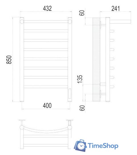 Полотенцесушитель TERMINUS Классик П8 400x850 с полкой бп электро (хром) - Изображение №3 — Интернет-магазин Time-Shop