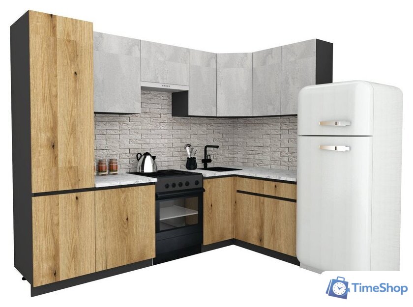 Готовая кухня ВерсоМебель Эко-7 1.4x2.6 правая (бетонный камень/дуб эвок прибрежный/ст.альберика) - Изображение №1 — Интернет-магазин Time-Shop
