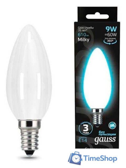 Светодиодная лампочка Gauss Filament Свеча 9W 610lm 4100К Е14 milky LED 103201209 - Изображение №1 — Интернет-магазин Time-Shop