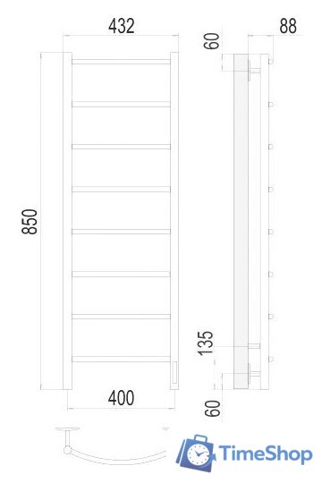 Полотенцесушитель TERMINUS Классик П8 400x850 нп электро (хром) - Изображение №3 — Интернет-магазин Time-Shop