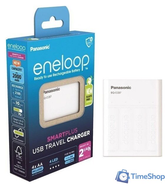 Аккумуляторы + зарядное Panasonic USB IN/OUT с функцией Power Bank+4AA 2000MAh K-KJ87MCD40USB - Изображение №1 — Интернет-магазин Time-Shop