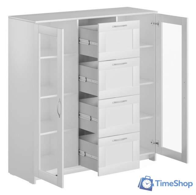 Тумба Mio Tesoro Сириус 2 двери со стеклом и 4 ящика 117x123 2.02.03.400.1 (белый) - Изображение №2 — Интернет-магазин Time-Shop