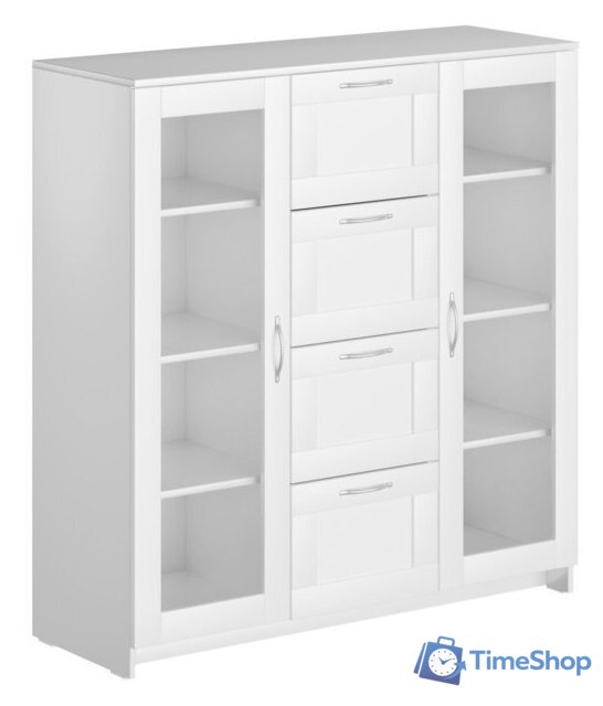 Тумба Mio Tesoro Сириус 2 двери со стеклом и 4 ящика 117x123 2.02.03.400.1 (белый) - Изображение №1 — Интернет-магазин Time-Shop