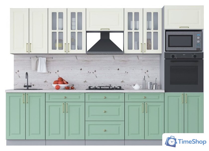 Готовая кухня Интерлиния Мила Шато 3.0В (белый/мята/бискайская сосна) - Изображение №1 — Интернет-магазин Time-Shop