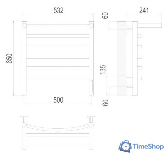 Полотенцесушитель TERMINUS Классик П6 500x650 с полкой бп электро (хром) - Изображение №3 — Интернет-магазин Time-Shop
