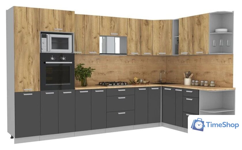 Готовая кухня Интерлиния Мила Лайт 1.68x3.4 правая (дуб золотой/антрацит/дуб бунратти) - Изображение №1 — Интернет-магазин Time-Shop