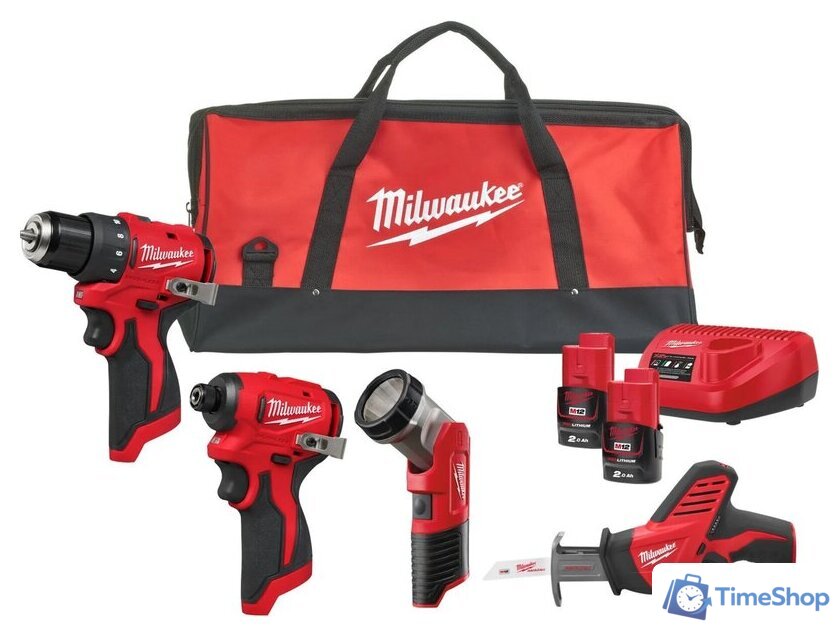  Milwaukee M12 BLPP4A-202B 4933499693 (шуруповерт, винтоверт, фонарь, сабельная, 2 АКБ, сумка) - Изображение №1 — Интернет-магазин Time-Shop