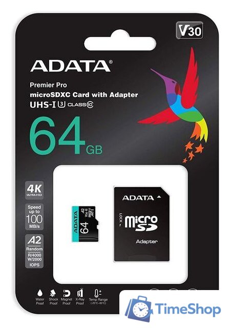 Карта памяти ADATA Premier Pro AUSDX64GUI3V30SA2-RA1 microSDXC 64GB (с адаптером) - Изображение №4 — Интернет-магазин Time-Shop