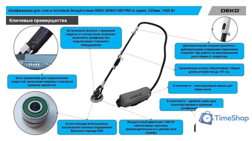 Шлифмашина для стен и потолков Deko DKWS1400 Pro 085-1062 (сумка) - Изображение №8 — Интернет-магазин Time-Shop