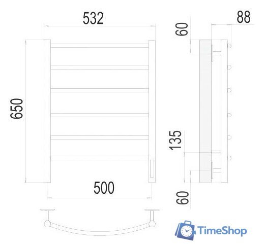 Полотенцесушитель TERMINUS Классик П6 500x650 бп электро (хром) - Изображение №3 — Интернет-магазин Time-Shop