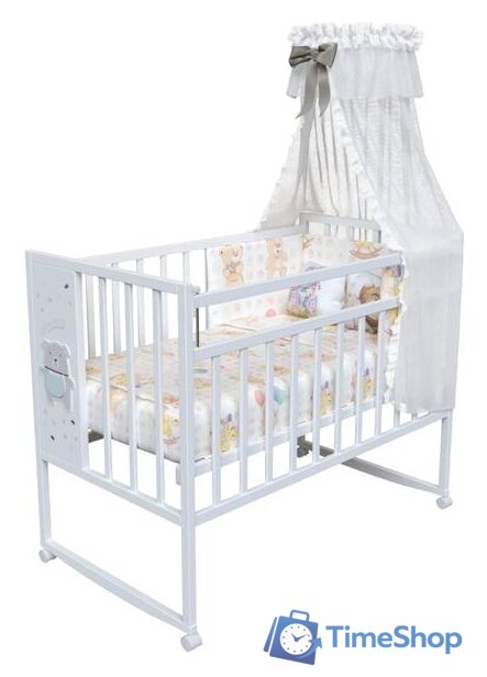 Классическая детская кроватка VDK Mini Loft 3D колесо-качалка Oh My Bear (белый) - Изображение №1 — Интернет-магазин Time-Shop